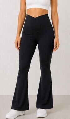 Aerie Offline Cross Front Flare Black Yoga L Pant Stretch Dance Gym Work Out